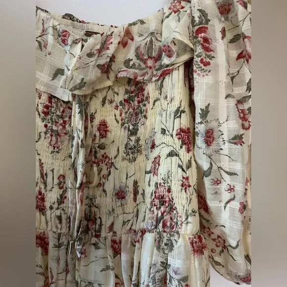 Free People maxi dress, large, cream color with red flowers, short sleeves - Picture 4 of 12